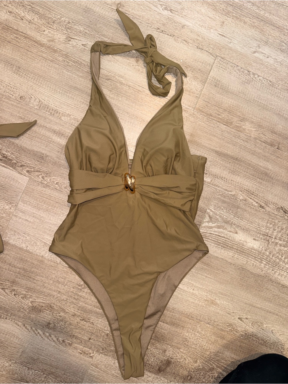 Halter Neck One Piece Swimsuit With Metal Ring Detail - Small